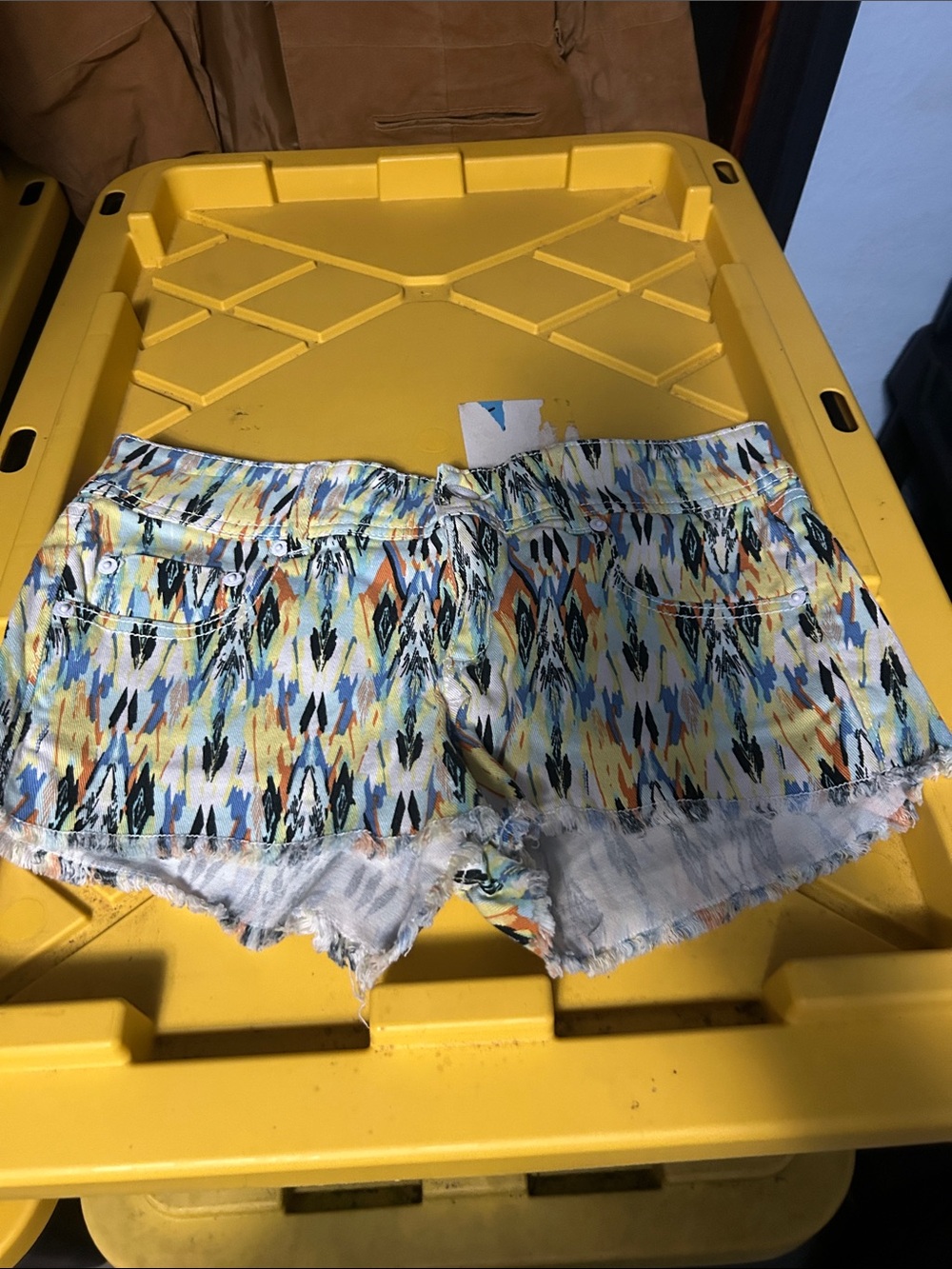 Dollhouse Yellow Blue Multicolor Ikat Frayed Denim Shorts